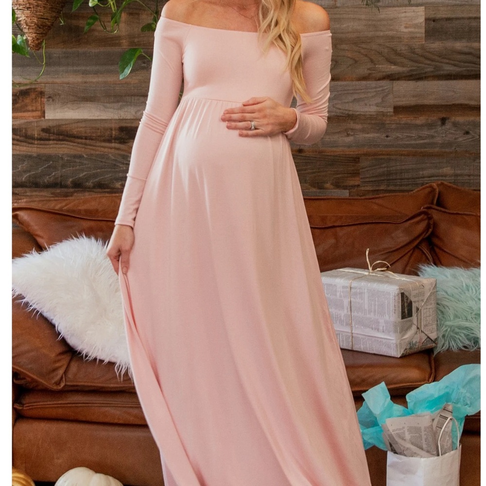 Petite Pinkblush Off-Shoulder Maternity Dress (Blue or Pink Available)